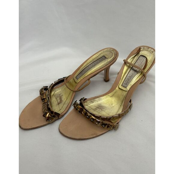 Vintage Mauricio Medeiros Brown Brazilian Leather Sandals Gold Bling 38 Classy - Picture 1 of 7
